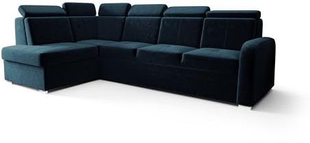 O-Sofa Ecksofa Kongo RBN11, Eckcouch in L-Form mit Schlaffunktion, Farbe: Blau, Velourstoff, Ottomane Links