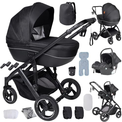 3 in 1 Kinderwagen Schwarz, Geländerädern, faltbar und mit Zubehör