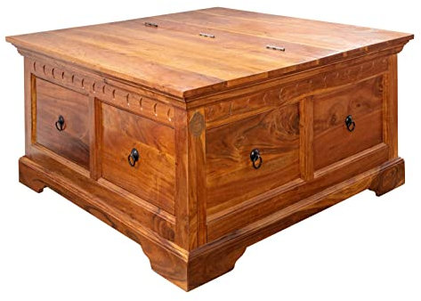 Massivmoebel24.de | Oxford Truhe aus Massivholz #0415 | Akazienholz - Honig, lackiert | Kolonialstil | 90x90x45 cm | Truhe aus Massivholz Vollholztruhe