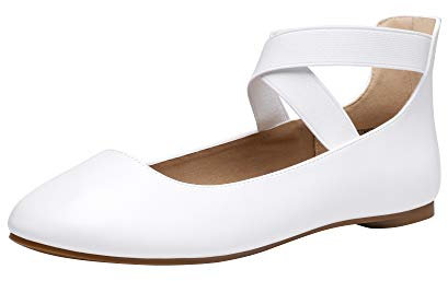 DREAM PAIRS Womens Ballerina Flat Fashion Elastic Ankle Straps Cross Strap Round Toe Comfy Ballet Pumps Dolly Shoes,Size 6.5,White/pu,Sole_Stretchy