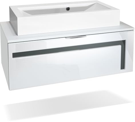 Vladon Waschtisch Waschbecken Unterschrank Aloha V2, Made in Germany, Korpus in Weiß matt/Fronten in Weiß Hochglanz mit Absetzungen in Grau Hochglanz, mit Aufsatzwaschbecken