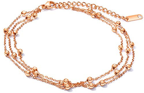 Cupimatch Damen Fußkette Fein Schöner Kugel Edelstahl Multi-Kette Verstellbar Fusskettchen 21cm, Rosegold, Silber