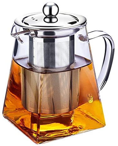 Teiera in vetro trasparente con infusore, per tè in foglie e tè in fiori, Acciaio INOX Vetro Borosilicato vetro, A-750 ml Square