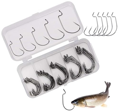 DXIA 50Pcs Angelhaken Set, Offsethaken Wurm Angelhaken Set mit Kunststoff-Box, High Carbon Stahl Angelzubehör Kit, für Gummiköder, Gummifische Jigs, Creature Köder, Salzwasser Angelhaken