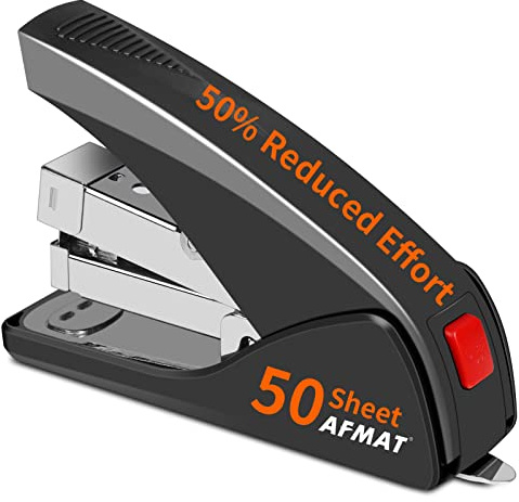AFMAT Stapler for Desk, 50 Sheet Effortless Desktop Stapler Staple with One Finger, Portable Ergonomic Handheld Staplers Heavy Duty, Built-in Remover, Space Save Size, Good for Home & Office ES10