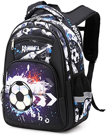Cusangel Schulrucksack für jungen,kinderrucksäcke mit Brustgurt kinder,Grosse Kapazität Grundschulrucksack,Rucksack,ab der 1-7.Klasse mädchen (16 Zoll Schwarzer Fußball)