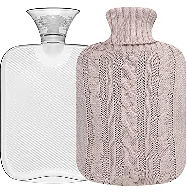 OliviaLiving Classic Transparent Hot Water Bottle 2 Liter with Knit Cover - Great for Cramps, Pain Relief & Cozy Nights - Water Heating Pad - Feet & Bed Warmer for Adults