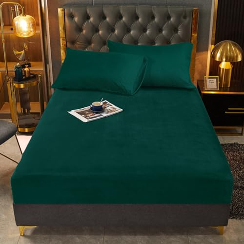 Warme Spannbettlaken 90x200 cm Dunkelgrün Grün Winter Plüsch Boxspringbett Frottee Bettlaken Warm Weich Spannbetttuch Biber Uni Muster Set Leintuch 90 x 200 für Hohe Matratze Steghöhe 25-30cm