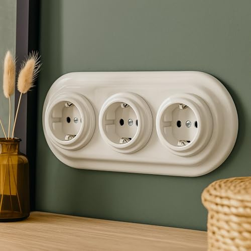 Unterputz Porzellan Retro Steckdose 3-fach, All-in-One, Serie PR1 weiß
