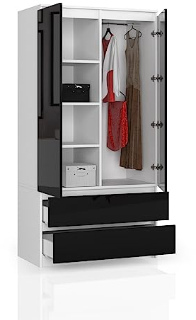 BDW Kleiderschrank mit 2 Türen und 4 Einlegeböden - Kleiderbügel - 2 Schubladen - Oberfläche Glanz - Kleiderschrank für das Schlafzimmer Wohnzimmer Diele - 180x90x51cm - Weiß/Schwarz
