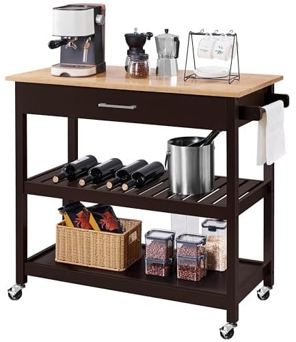 Yaheetech Kitchen Trolley Cart on Wheels, Rolling Kitchen Island with Drawer and Side Handle, 3-Tier Utility Serving Cart for Bar/Dinning Room/Living Room, Espresso