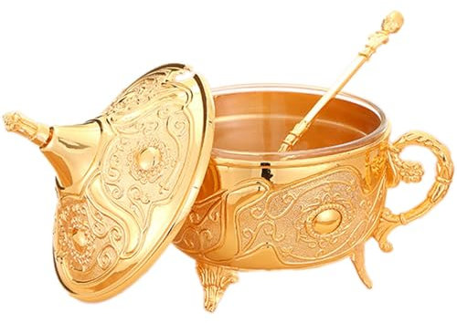 CekoCk Sucrier rétro avec Couvercle, sucrier européen avec Couvercle et cuillère, Pot à épices en Verre en Relief en métal, Porte-Bonbons, récipient à sucre-or-14,5x13 cm