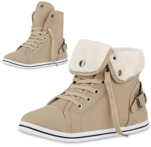 VAN HILL Damen Sneaker High Flach Schnallen Bequem Schuhe 214102 Beige 39