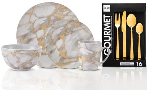 32 Piece Designer Exclusive Combo Set | 16 Piece Dinnerware Set Marble Gold Look & 16 Piece Set Flatware Set Gold, Service for 4, Dishwasher Safe, Plates, Soup or Cereal Bowls, Mugs, Forks, Spoon