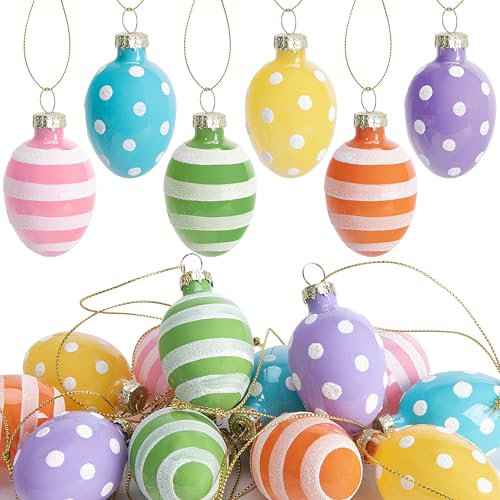12 Stück Ostereier zum Aufhängen, 4,6 cm, Glas-Ostereier, Hängeornamente, Punkte, Streifen, Osterdekoration, Eier, Baumschmuck für Party, Geburtstag, Haus, Garten, Dekoration