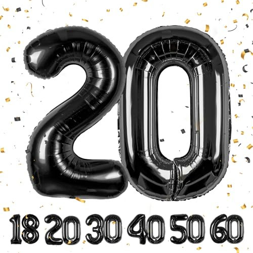 20 Geburtstag Deko zahlen luftballon 20 jahre | Folienballon Schwarz - für 20. Geburtstagsdeko Männer Frauen Ballon Zahl Deko zum Geburtstag fliegt mit Helium 20.Geburtstagsparty 40-101cm