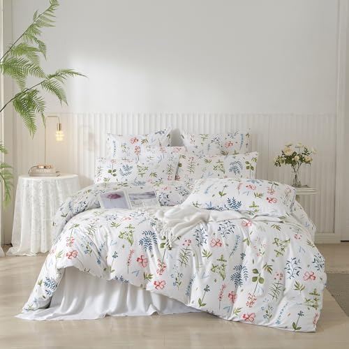 DXHOME Bettwäsche 135x200 Blumen Weiß Grün Bunt Blumen Blüten Pflanzen Wende Bettwäsche Set Microfaser mit Floralem Muster Romantisch Bettbezug mit Reißverschluss + 1 Kissenbezug 80x80 cm