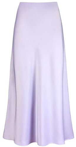 ebossy Eleganter langer Damen-Satinrock, Seide, elegant, versteckt, elastische Taille, ausgestellt, A-Linie, Maxi-Röcke, Flieder, Klein