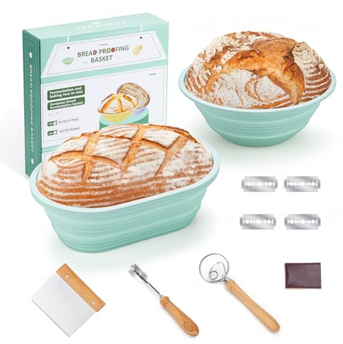 Silikon Gärkorb Set, Pitch Pulse Brot Gärkörbchen aus Peddigrohr zum Brot backen, Brotkörbchen, Brotform(23cm rund & 25cm oval)