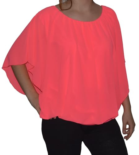 Pawakabano Italy Bluse Tunika Carmen Lagenlook Chiffon Ballon Fledermaus Ärmel Top (Polyester, Pink-Neon)