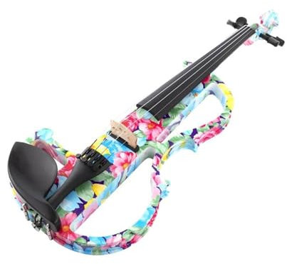 Violon électrique silencieux en bois massif pleine taille fleurs bleues et roses imprimées sur le corps