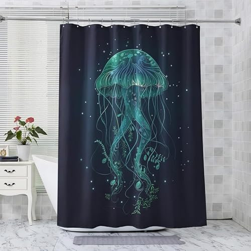 ADEIRO Duschvorhang 150x200 Qualle, Duschvorhänge Ozean, Badevorhang Küsten, Duschvorhang Antischimmel Waschbar Wasserdicht, Badewanne Vorhang für Badezimmer mit 12 Duschvorhangringe