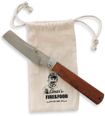 FIRE&FOOD | Elmar's Grillmesser | Klappbares Outdoormesser | 12cm rostfreie Edelstahlklinge | Griff aus Tagayasan-Holz