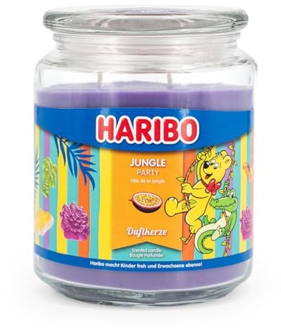 Haribo Duftkerze im Glas | Jungle Party 510g | Duftkerze Fruchtig | 100h Brenndauer | 2 Dochte | Geschenkidee für Frauen | Sommerkerze