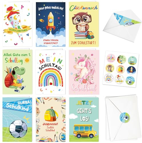 DPKOW Bunte Schulanfang Karten Einschulung Jungen Mädchen, 2025 Schulkind Grußkarten mit Umschlägen Aufkleber, Dinosaurier Fußball Karten Schultüte Einhorn Grußkarten Schulanfang Glückwunschkarten