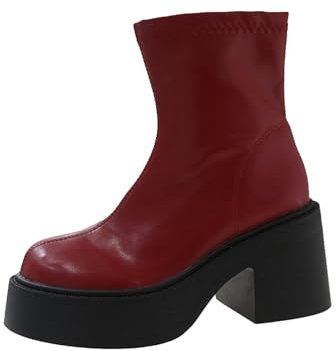 Stivali Chelsea da donna con plateau, senza lacci, con punta rotonda, impermeabili, stivali con tacco alto per autunno e inverno, spessi con testa quadrata, stivali corti in pelle verniciata, Rosso,