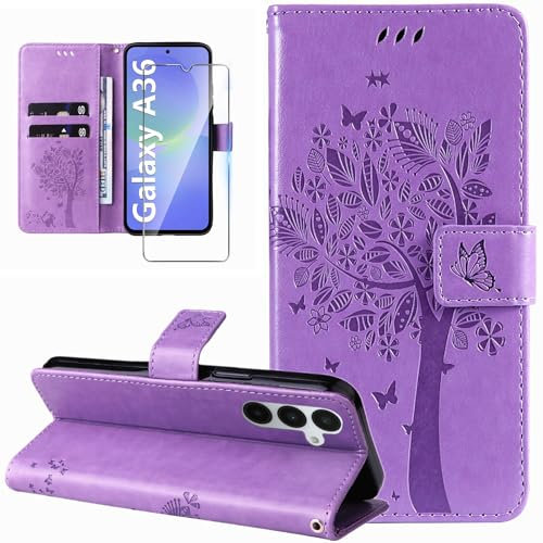 Dcjlbo Hülle für Samsung Galaxy A36 5G Handyhülle mit Schutzfolie Kartenfach Motiv Muster Hülle Leder Klappbar Klapphülle Cover Flip Case Handytasche Magnet Schutzhülle für Samsung A36 5G-Lila