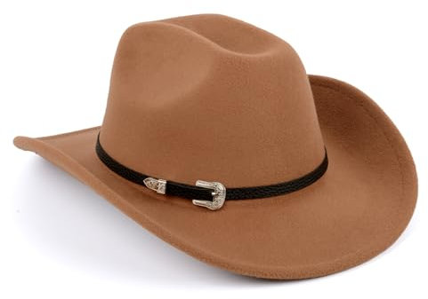 SIGONE Brown Western Cowboy Hat for Men and Women Wide Brim Outdoor Felt Hat with Sweatband Comfortable Stylish Design Perfect for Costume Parties