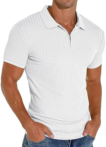PrinStory Polo Shirt Herren Mit Reißverschluss Kurzarm Polo Shirt Lässig T-Shirt Komfortabel Atmungsaktiv Oberteile Für Männer (Weiß,L)