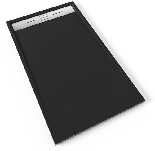 HIEMAL INOX Receveur de douche 80 x 140 cm résine Noir aspect ardoise + bonde inox incluse - Salle de bain
