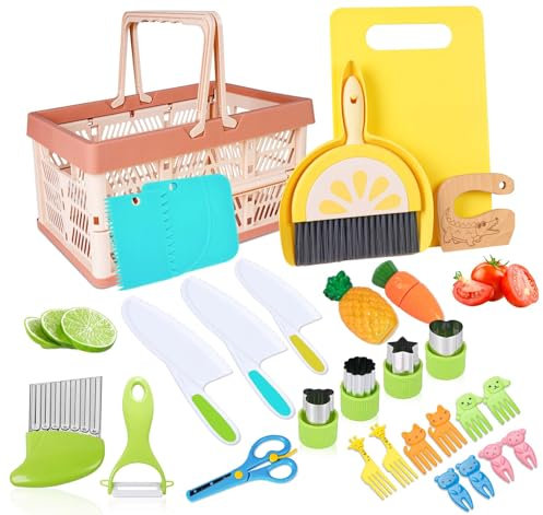 absolove 28PCS Plastic Cooking Knife Set, Mini Chef Knife Set, Cooking Tool Kitchen Utensils with Knife, Crinkle Cutter, Cutting Board, Storage Basket Perfect for Vegetables Fruits Salad Cake Sandwich