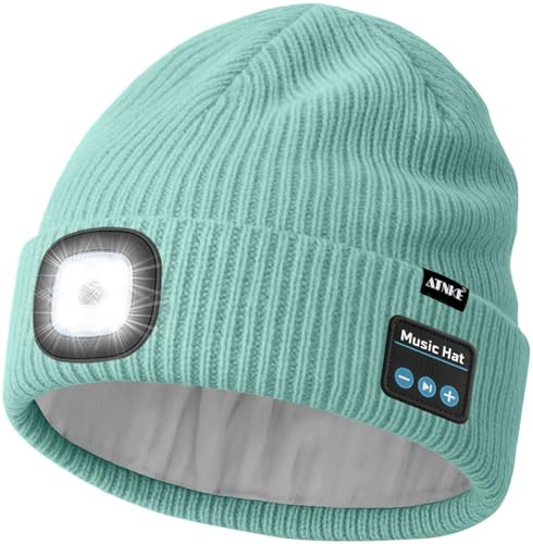 ATNKE LED Bluetooth Mütze mit Licht, USB Wiederaufladbare 4 LED Kabelloses Musik Redner Laufmütze Stirnlampe Winter Warm Strick Mütze mit Fleece Gefüttert Geschenke für Herren und Damen