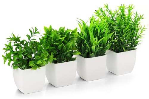 TXXATX 4 plantas de plástico artificiales artificiales artificiales pequeñas plantas artificiales con maceta blanca para dormitorio, oficina, casa, salón, balcón, cuarto de baño