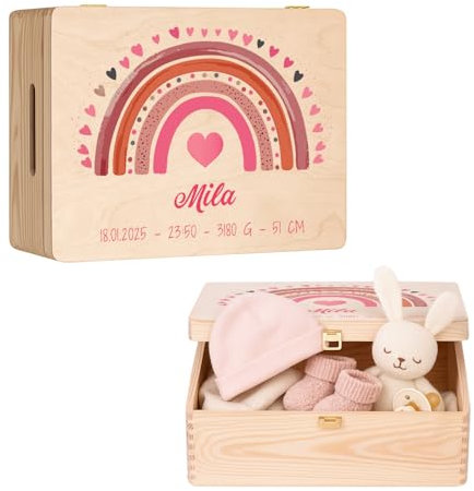 Maverton Erinnerungsbox Baby mit Namen - Aufbewahrungsbox mit Deckel - personalisierte Geschenke Baby - Geschenk für Mädchen und Jungen zur Geburt zur Taufe - aus Kiefernholz