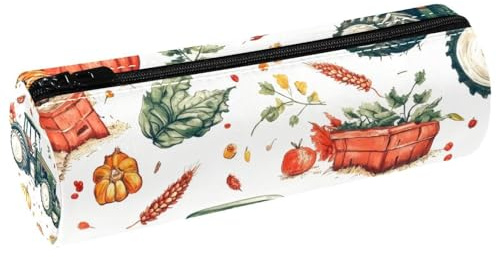 VAPOKF Federmäppchen, Motiv: Traktor mit Ernte, Kürbis, Leder, Federmappe, Münzbörse, Kosmetiktasche, Make-up-Tasche für Studenten, Schreibwaren, Schule, Büro, Aufbewahrung