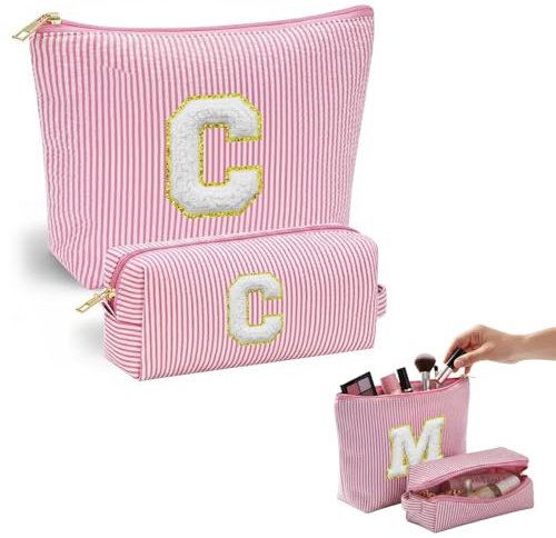 VLYX Borsa Trucco Personalizzata - Grande Borsa Cosmetica con Iniziali A-Z per Donne, Confezione da 2 - Beauty Case Portatile, Idea Regalo di Compleanno (C)