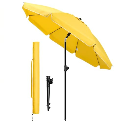 VOUNOT® Sombrilla Playa Grande Ø200cm y Soporte Arena, Mástil Inclinable Altura Regulable Protección UV 50+ Parasol con Techo de Ventilación Bolsa Transporte para Playa Terraza Balcón Camping Amarillo