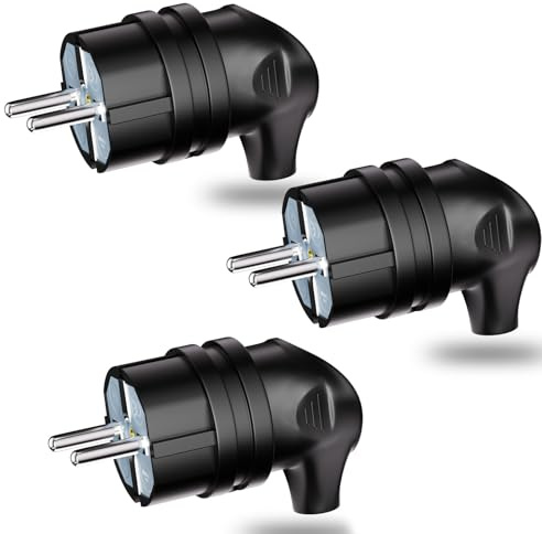 Schuko Stecker 3 Stück,250V/16A Euro Stromstecker,Europäischer Stecker mit Knickschutztülle,Schuko Winkelstecker für Den Innenbereich(Schwarz)