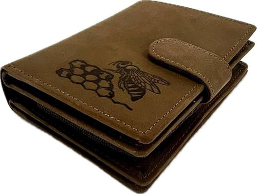 4Bee Elegante Damen Leder Geldbörse Mit Bienenmotiv – Modell 11 – Hochwertiges Rindsleder – Viele Fächer – Kompaktes Format 12×9×2,5 cm – Braun