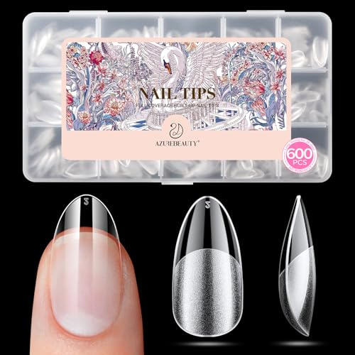 AZUREBEAUTY Kurze Mandel Nail Tips, 600 Stück 15 Größen Nageltips für Gelnägel Soft Gel Full Cover Press On Nails Almond für Künstliche Nägel Zum Aufkleben Nagelverlängerung Nail Art DIY