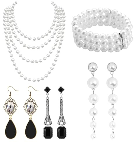 RAOPNHS 20er Jahre Kostüm Damen Accessoires Set 5-Teilig – Perlenkette, Armband & 3 Paar Ohrringe – 20er Jahre Accessoires Gatsby Schmuck, Elegantes Karneval Kostüm Zubehör & Faschingskostüme Damen