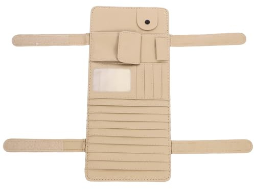 Healeved Multifunction Leather Car Sun Visor CD Holder and Organizer Bag in Beige, Suitable for Suv and Truck, for Storing Driving License and Cards