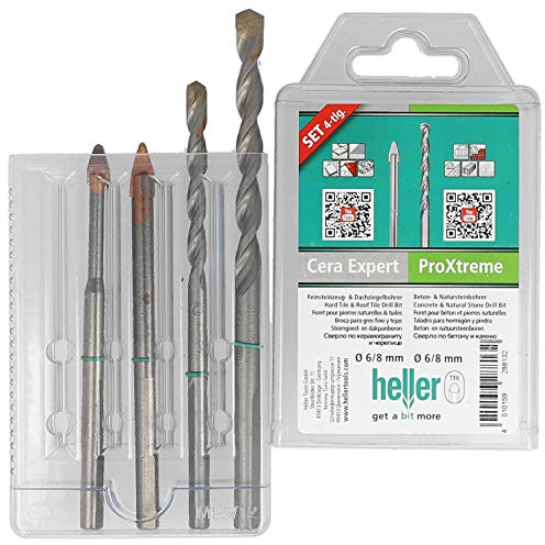 Heller Tools Cera Expert Feinsteinzeug- und Dachziegelbohrer Ø 6/8 & Heller ProXtreme Beton- und Natursteinbohrer Ø 6/8, Set 4-teilig, für Bohrungen in Fliesen und Wände, bohrer set
