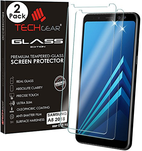 TECHGEAR [2 Pack] GLASS Edition for Galaxy A8 2018 (SM-A530 Series) - Genuine Tempered Glass Screen Protectors Guard Covers Compatible with Samsung Galaxy A8 2018