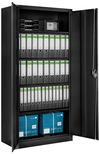 tectake® Armadio Porte Battenti, 180x90x40 cm, con 2 Ante e 5 Ripiani, Mobile con Serratura Chiave, Armadietto Portadocumenti e Faldoni per Ufficio in Metallo, Mobili Ufficio, Archivio - Nero