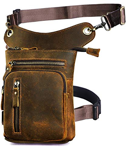 Le'aokuu Herren Echtes Leder Tasche Hüfttasche Beinbeutel Beintasche Drop Leg Thigh Bag Radfahren Klettern Messenger Bag (211-11 0 Braun)